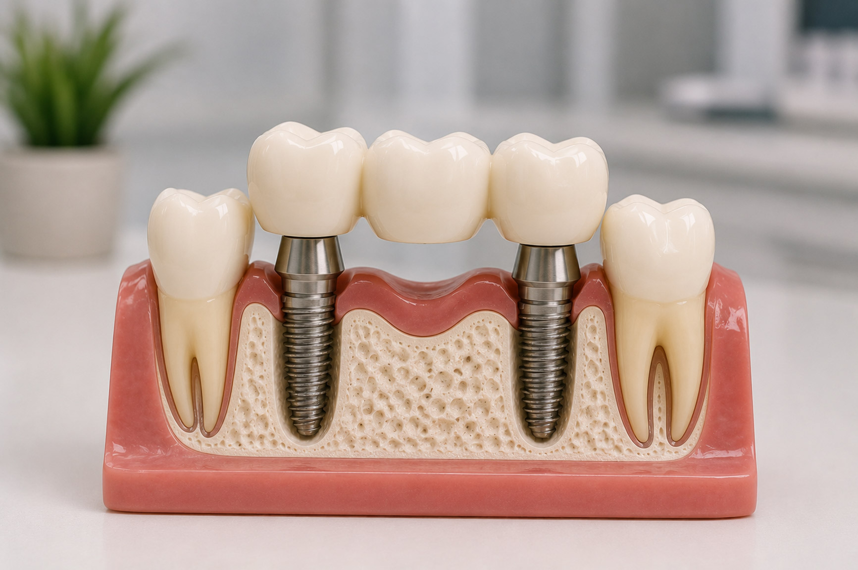 Implant bridge for replacing missing teeth