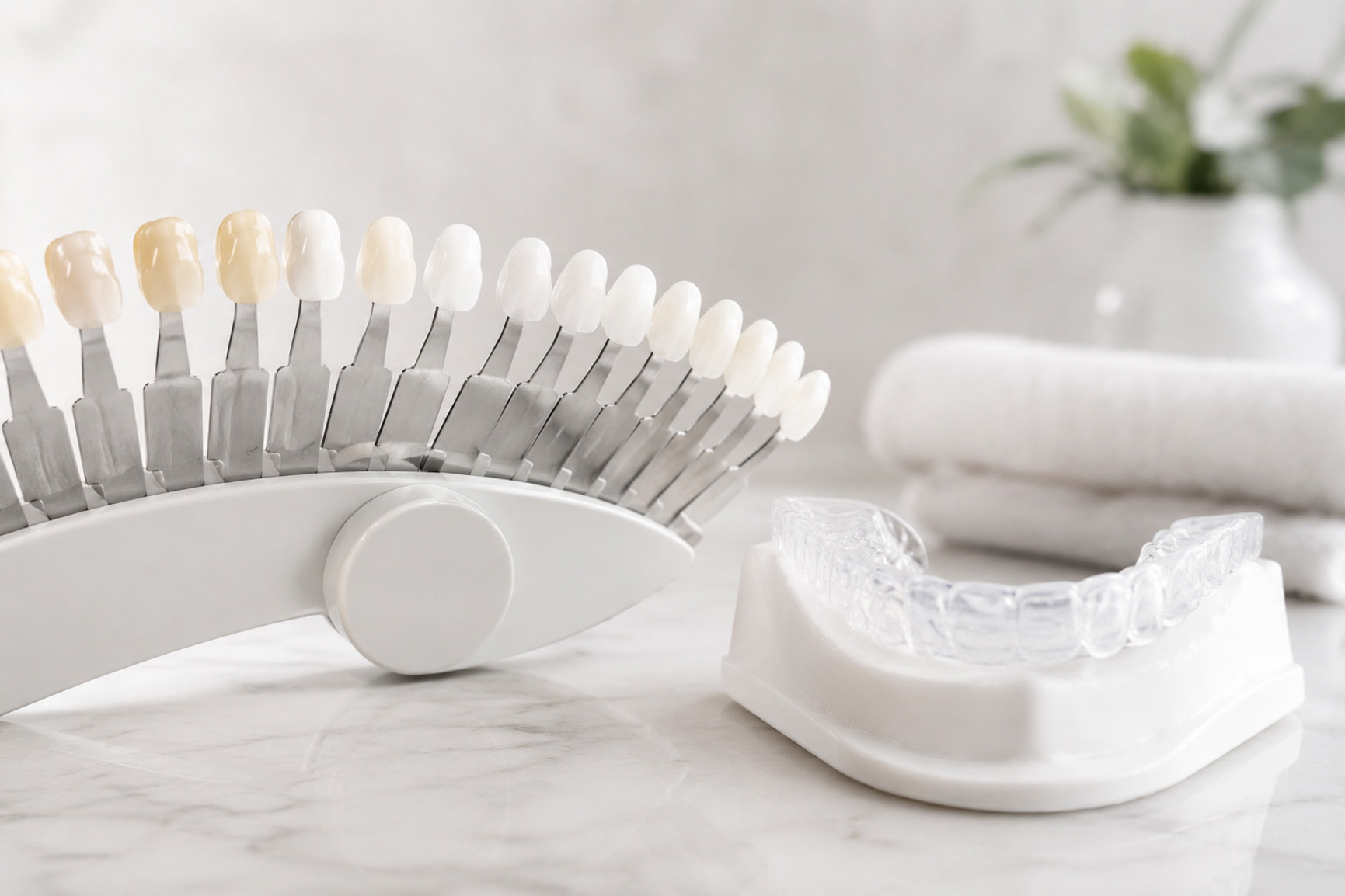 Teeth whitening trays and shade guide for a brighter smile